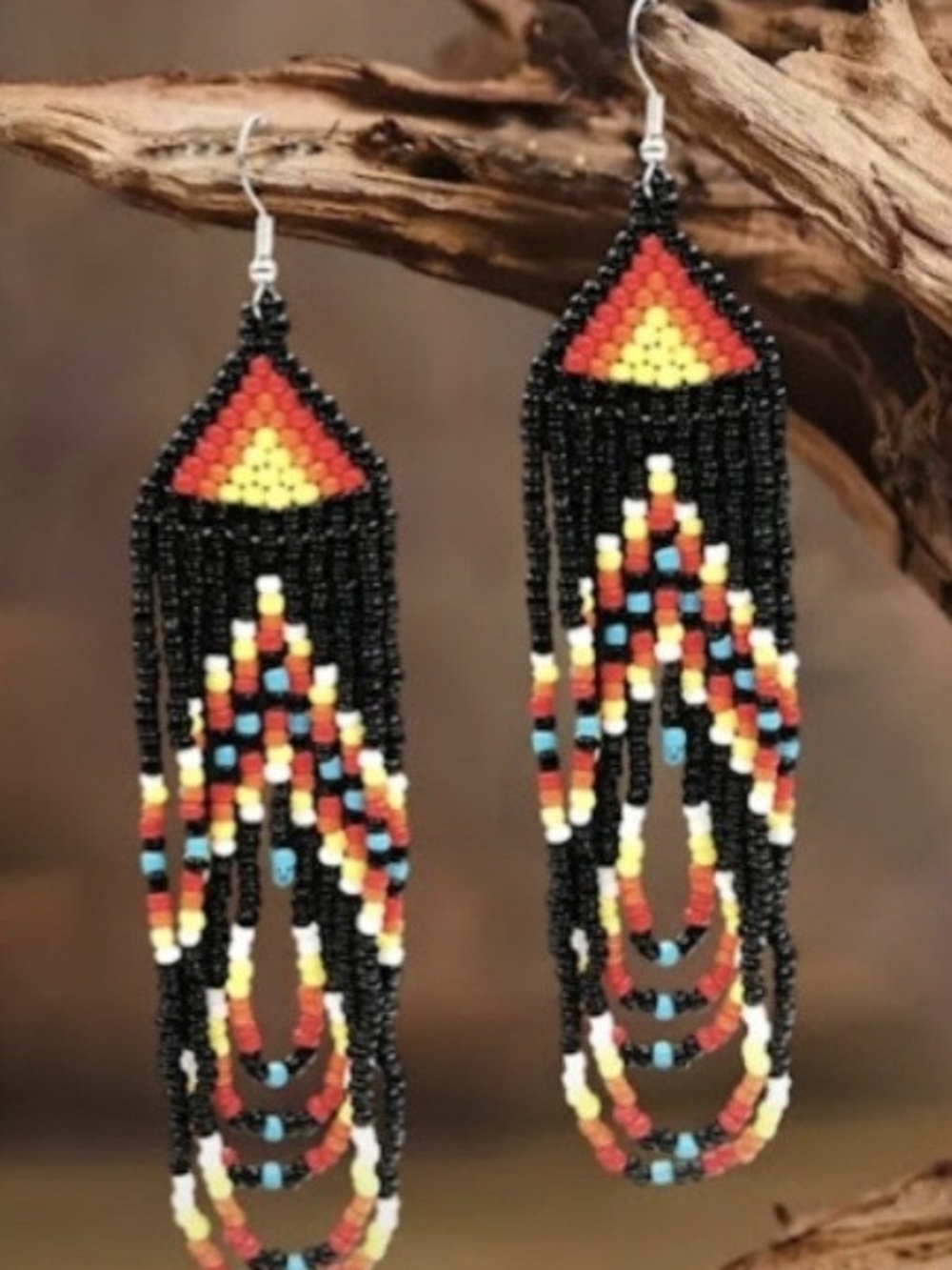 Black Beaded Fringe Earrings with Red, Yellow & Turquoise Accents